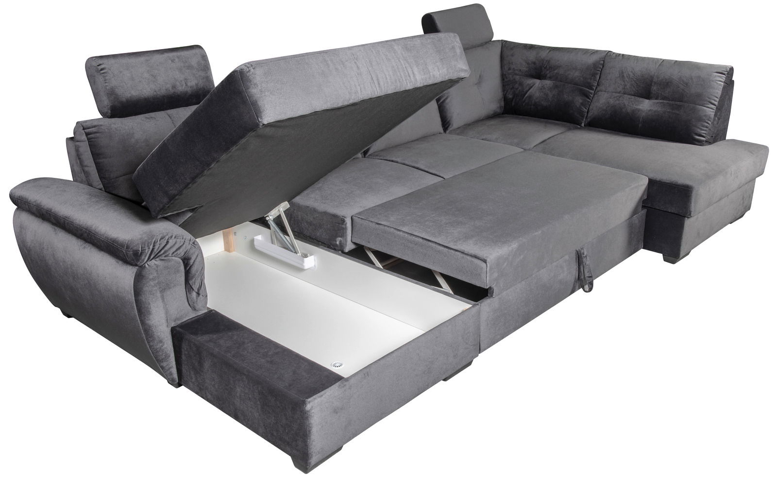 Graues Ecksofa mit Stauraum, teilweise geöffnet, Perspektive von oben.