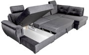 Graues Ecksofa mit Stauraum, teilweise geöffnet, Perspektive von oben.