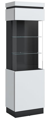 Moderne Vitrine mit Glasregalen, frontal abgebildet, in Schwarz und Weiß.