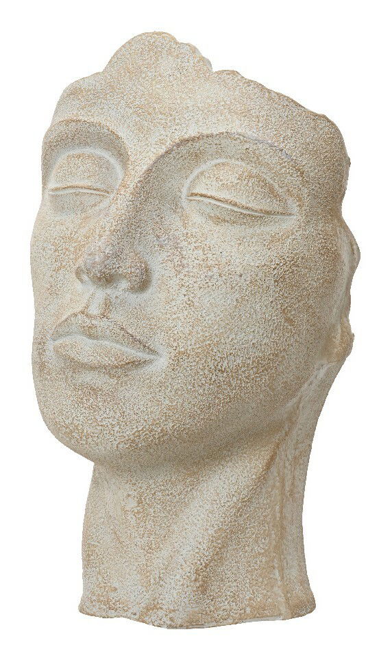 Blumentopf in Form eines stilisierten Kopfes aus Stein, seitliche Perspektive