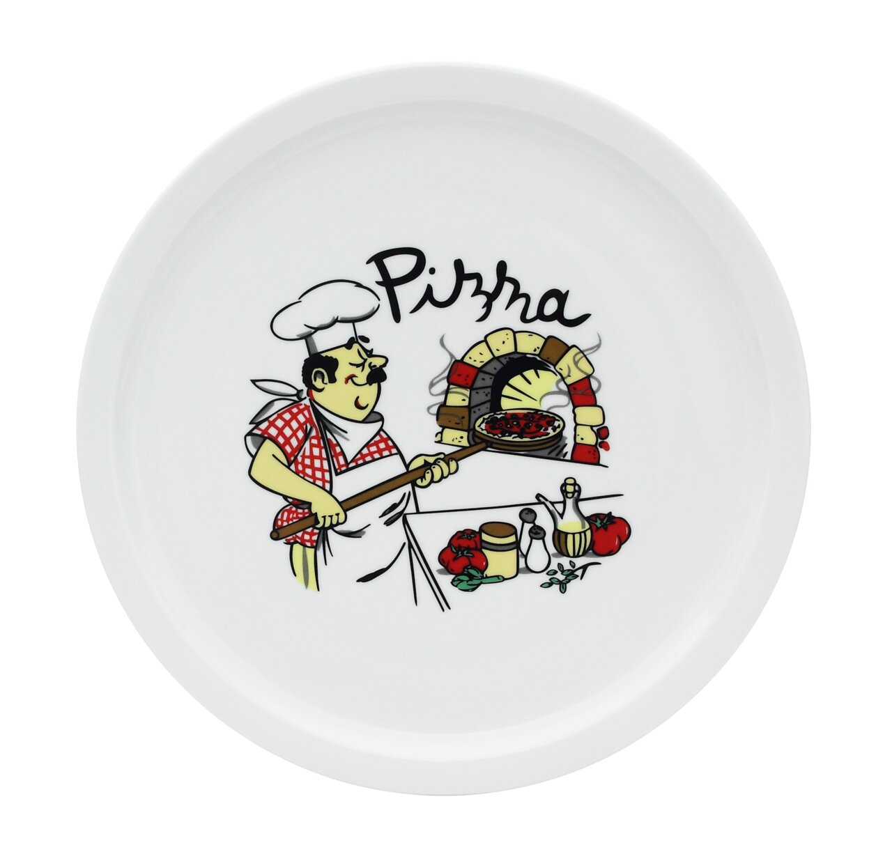 BOXXX Pizzateller 30cm Pizzateller mit italienischem Kochmotiv, der eine Pizza in einem Steinofen backt, Draufsicht