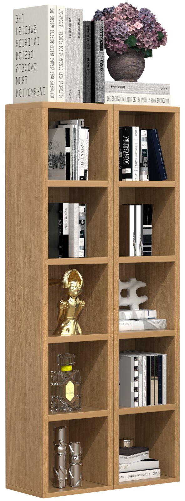 Hohes, schmales Regal aus hellem Holz mit acht offenen Fächern, dekoriert mit Büchern und Wohnaccessoires; frontale Perspektive.