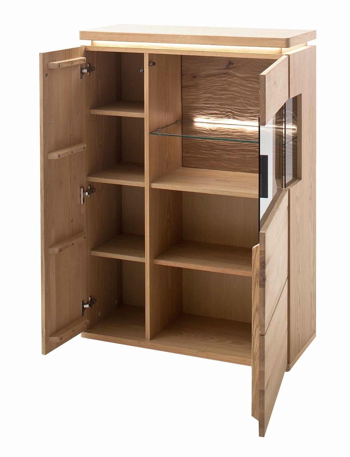 Zurbrüggen Highboard-L BARCELONA Offenes Highboard aus Holz mit mehreren Fächern und Glaseinsatz, frontale Perspektive.