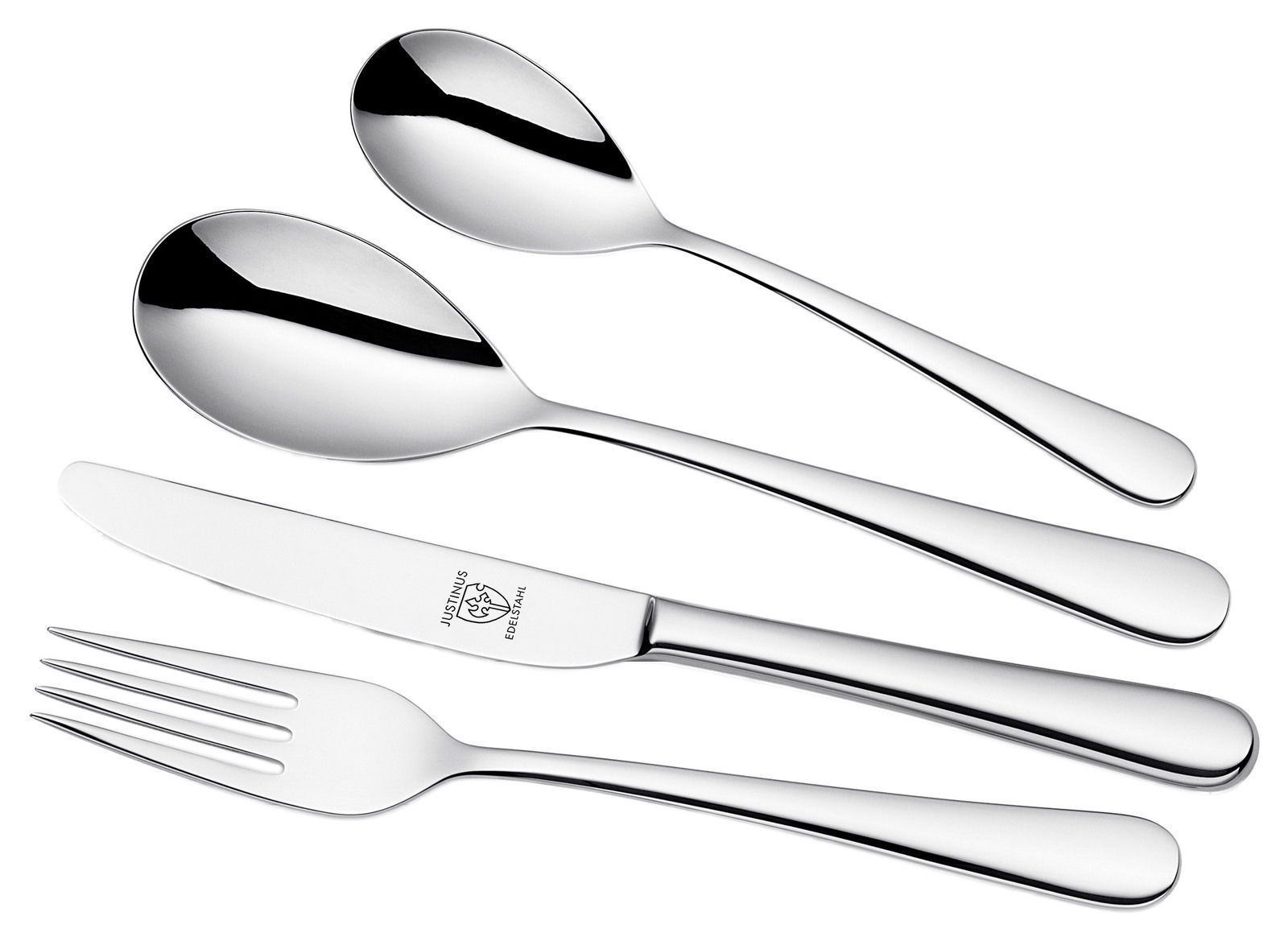 Kinderbesteck 4-teilig aus Edelstahl, bestehend aus Messer, Gabel, Löffel und Teelöffel, in seitlicher Perspektive.