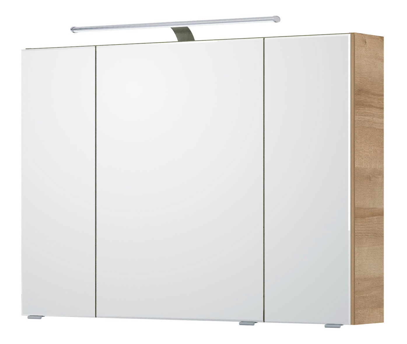 Pelipal Spiegelkast SERIE 6005 SPRINT Moderner Spiegelschrank mit drei Türen und Holzseitenansicht, frontale Perspektive