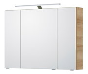 Moderner Spiegelschrank mit drei Türen und Holzseitenansicht, frontale Perspektive