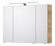 Moderner Spiegelschrank mit drei Türen und Holzseitenansicht, frontale Perspektive