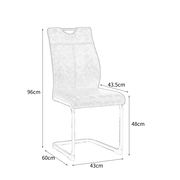 Seitenansicht eines modernen Schwingstuhls mit gepolsterter Sitzfläche und Rückenlehne, Metallgestell und Griffloch im oberen Bereich der Rückenlehne. Maße: 96cm hoch, 60cm tief, 43cm breit.