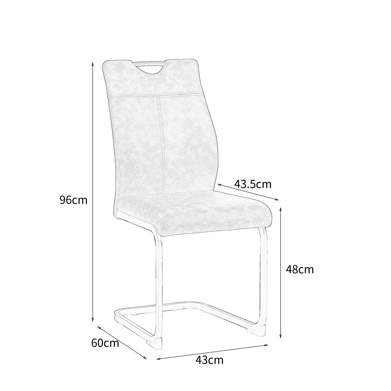 Seitenansicht eines modernen Schwingstuhls mit gepolsterter Sitzfläche und Rückenlehne, Metallgestell und Griffloch im oberen Bereich der Rückenlehne. Maße: 96cm hoch, 60cm tief, 43cm breit.