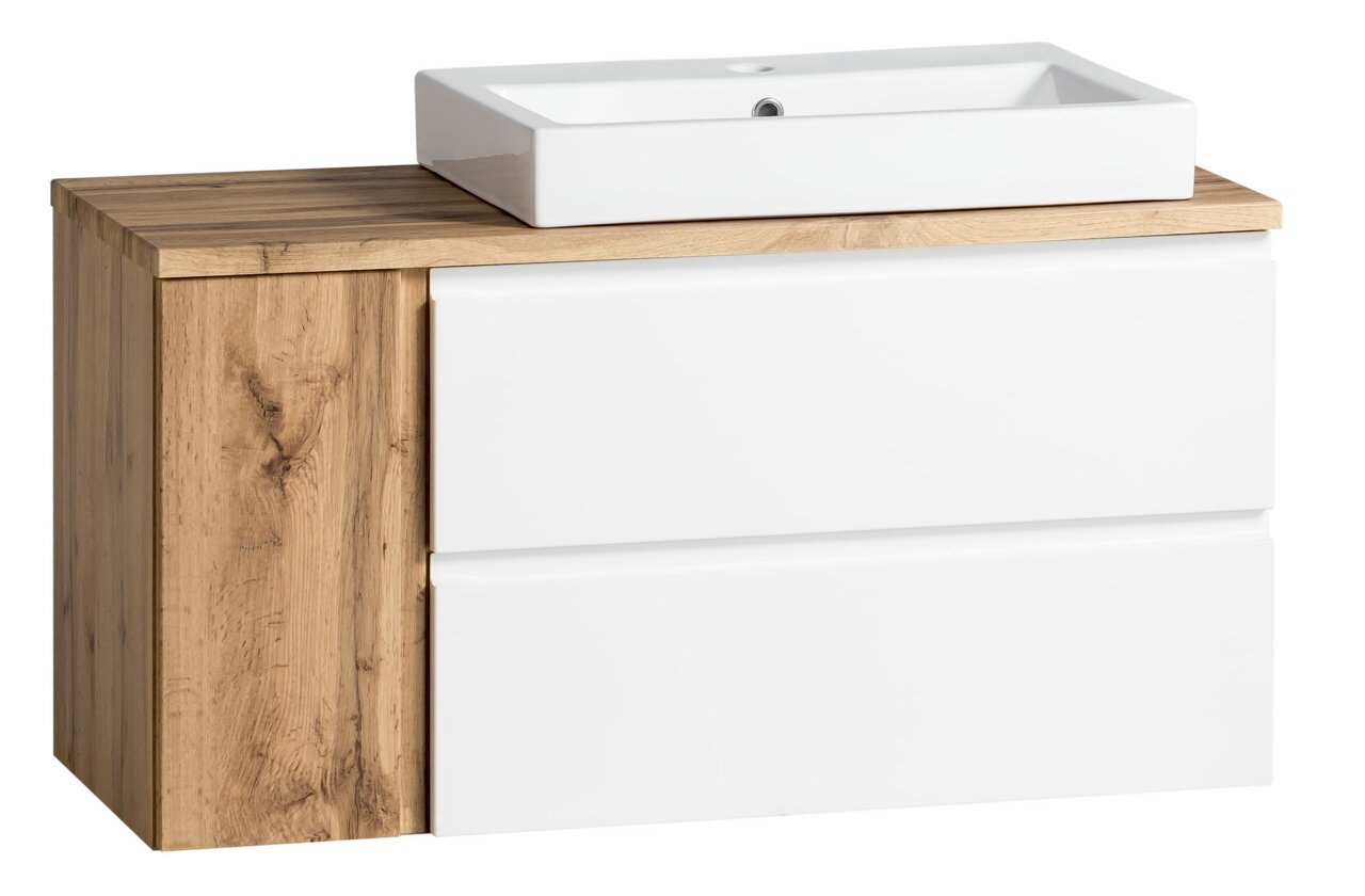XORA Waschtisch-Set VARESE Waschtisch-Set 105 cm mit weißem Waschbecken und Holzoptik-Unterschrank, seitliche Perspektive