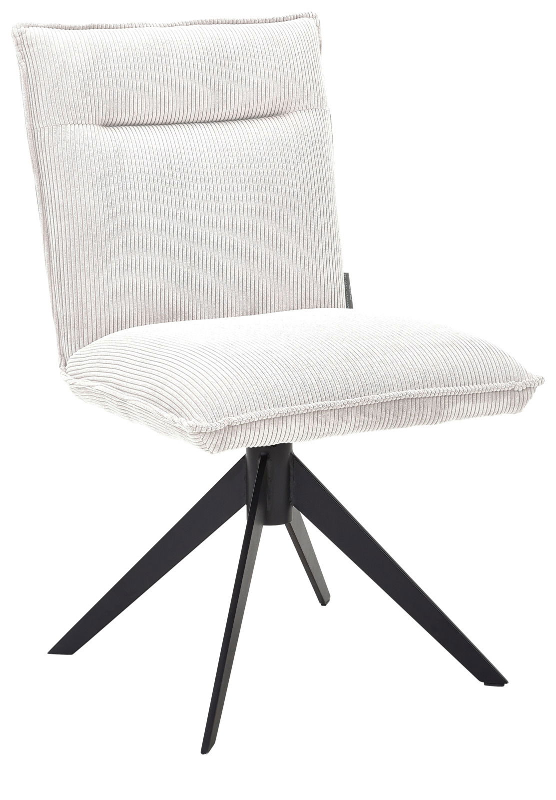 Johann Jakob Stuhl CALAS Moderner Stuhl mit hellem Stoffbezug und schwarzem Metallgestell, seitliche Perspektive