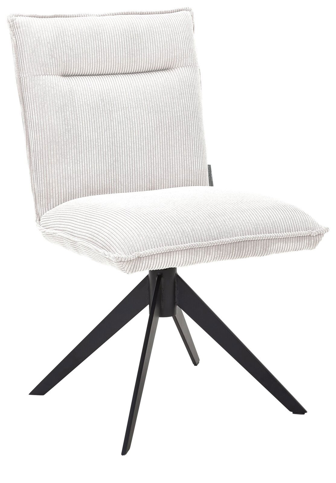 Johann Jakob Stuhl CALAS Moderner Stuhl mit hellem Stoffbezug und schwarzem Metallgestell, seitliche Perspektive