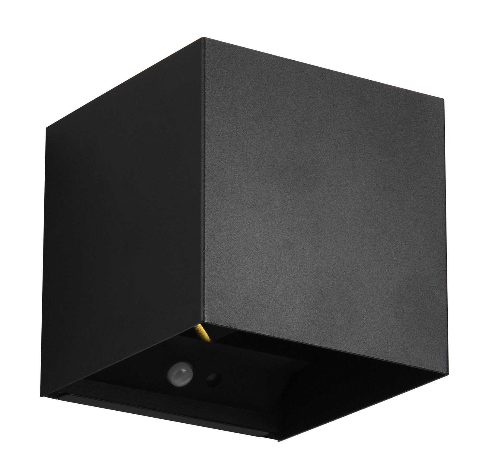 Schwarze, würfelförmige Akku-Wandleuchte TALENT aus seitlicher Perspektive