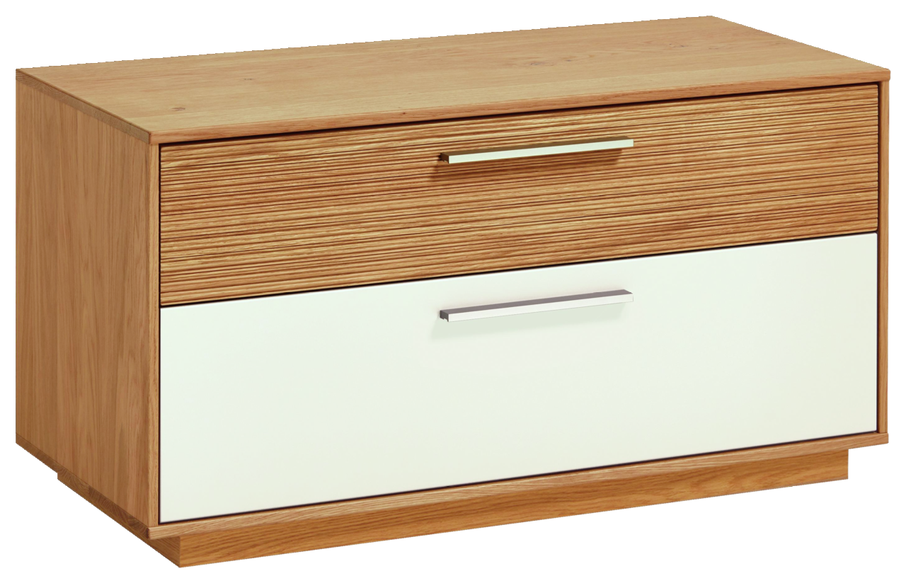 VOSS Bank LOVENO Holzbank mit zwei Schubladen, obere Schublade mit Holzmaserung, untere Schublade in Weiß, seitliche Perspektive