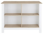 Kücheninsel mit weißem Korpus und naturfarbener Holzoberfläche, frontal betrachtet, mit offenen Regalfächern.