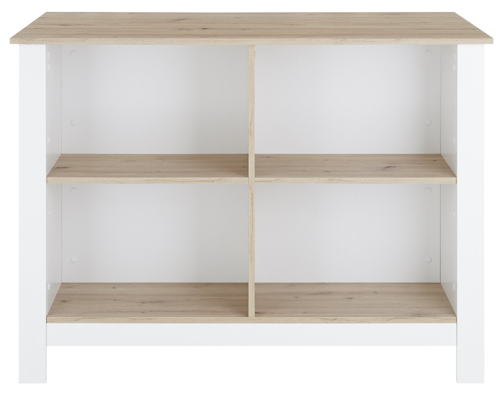 Kücheninsel mit weißem Korpus und naturfarbener Holzoberfläche, frontal betrachtet, mit offenen Regalfächern.