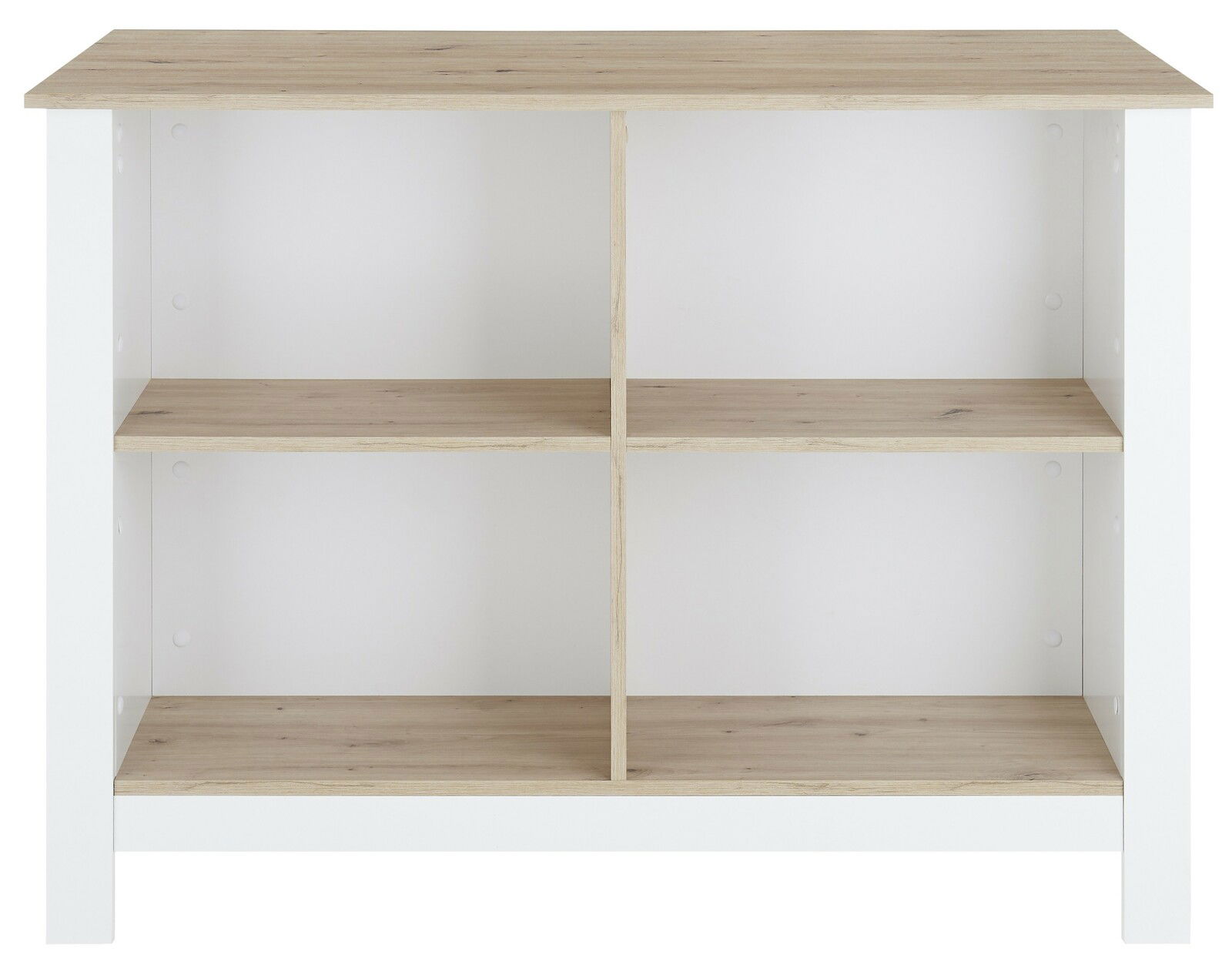 Kücheninsel mit weißem Korpus und naturfarbener Holzoberfläche, frontal betrachtet, mit offenen Regalfächern.