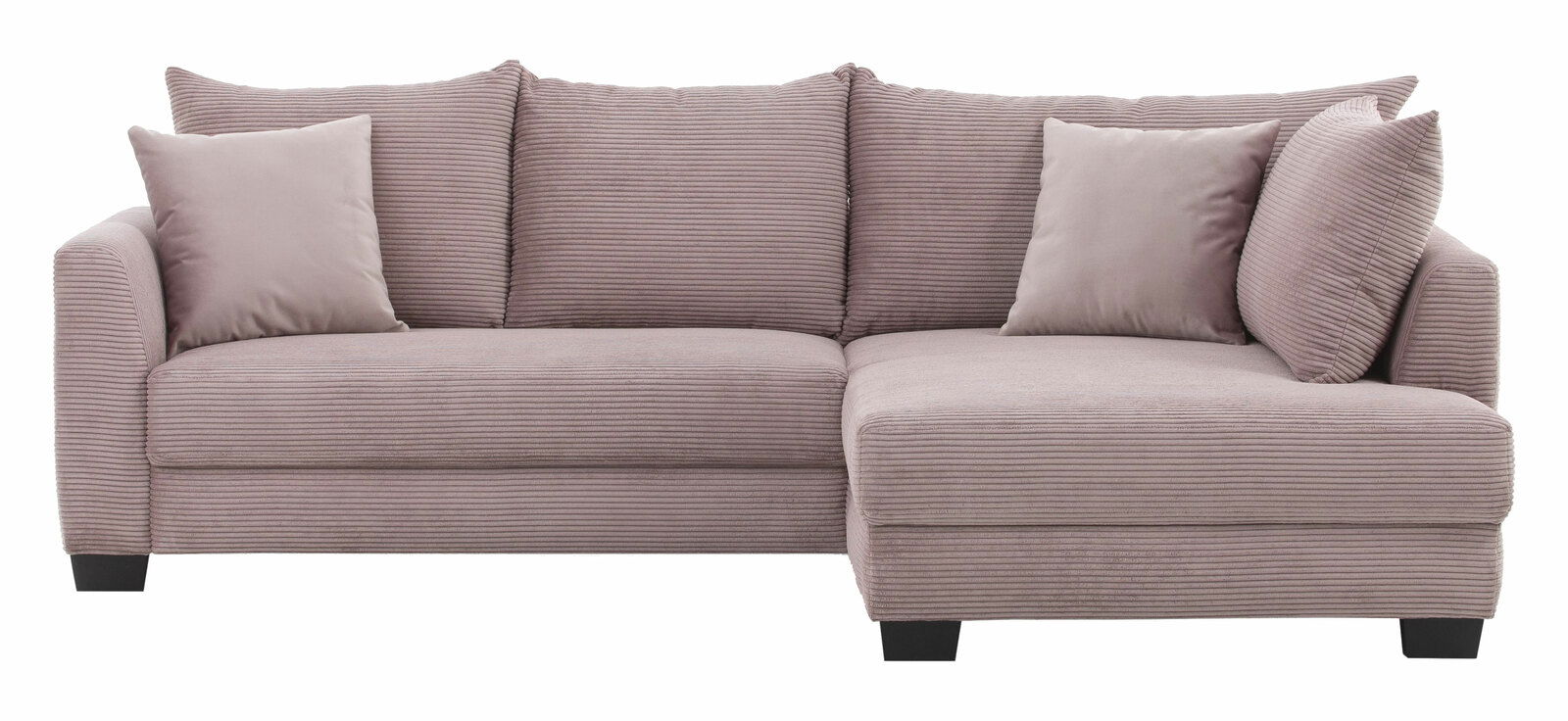 Rundecke in beige mit geripptem Stoff, zwei Armlehnen und vier Kissen, frontal fotografiert.