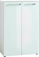 Weißer, niedriger Aktenschrank mit zwei Türen und silbernen Griffen, Frontalansicht