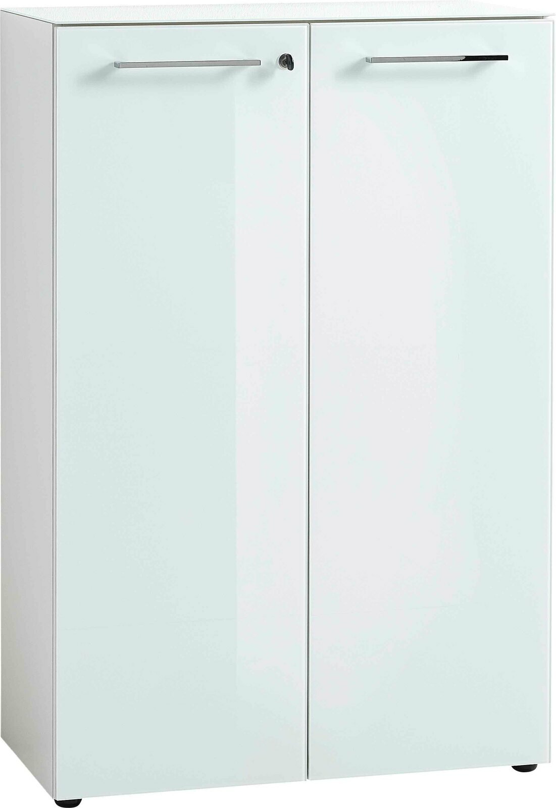 Weißer, niedriger Aktenschrank mit zwei Türen und silbernen Griffen, Frontalansicht