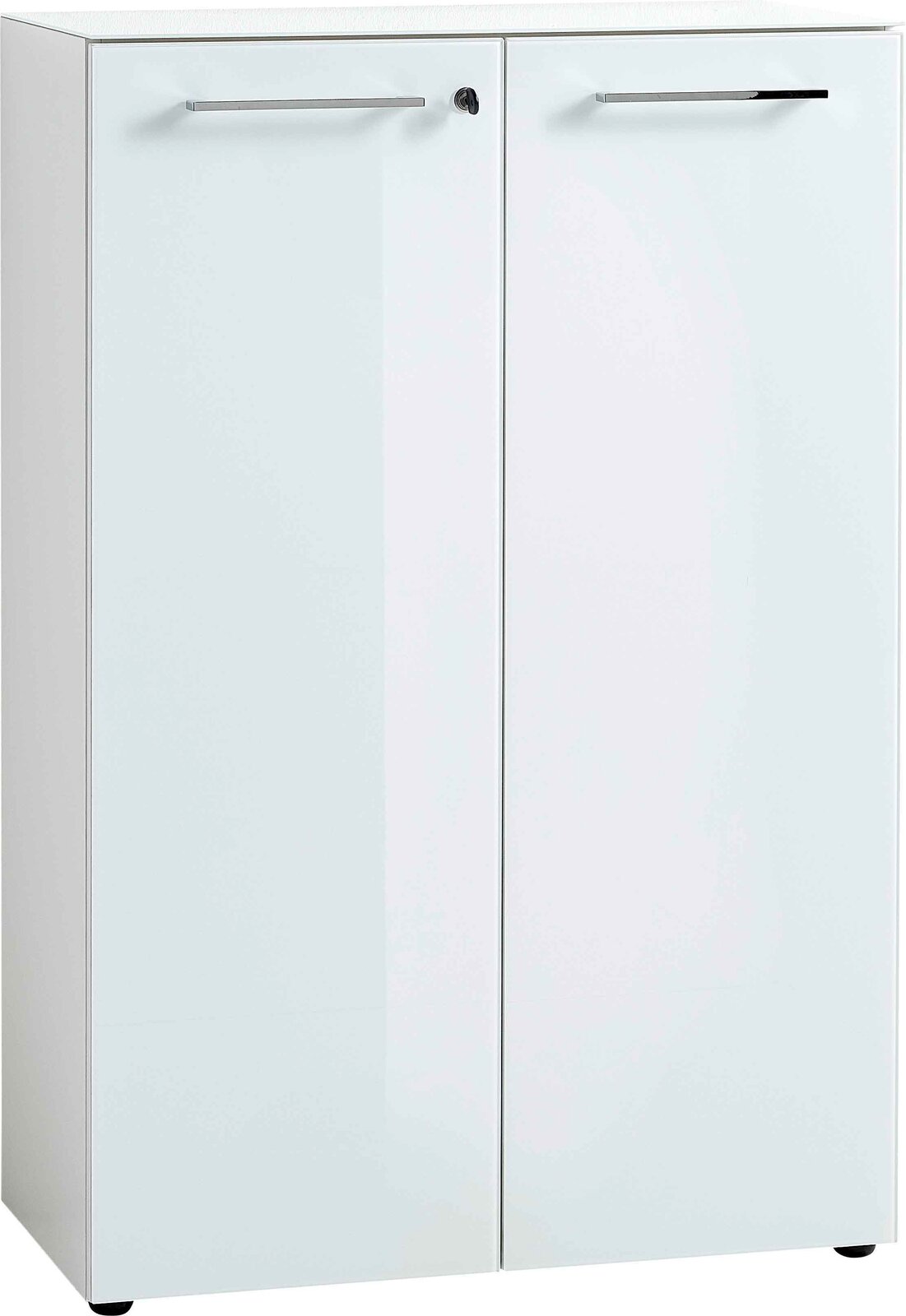 XORA Aktenschrank niedrig MATERNO Weißer, niedriger Aktenschrank mit zwei Türen und silbernen Griffen, Frontalansicht