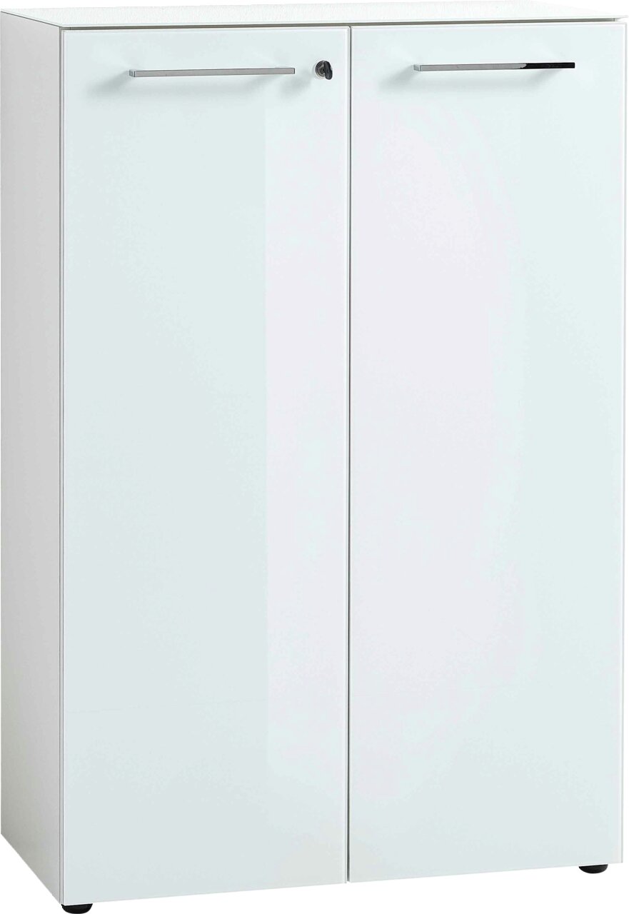 Weißer, niedriger Aktenschrank mit zwei Türen und silbernen Griffen, Frontalansicht