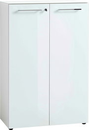 Weißer, niedriger Aktenschrank mit zwei Türen und silbernen Griffen, Frontalansicht