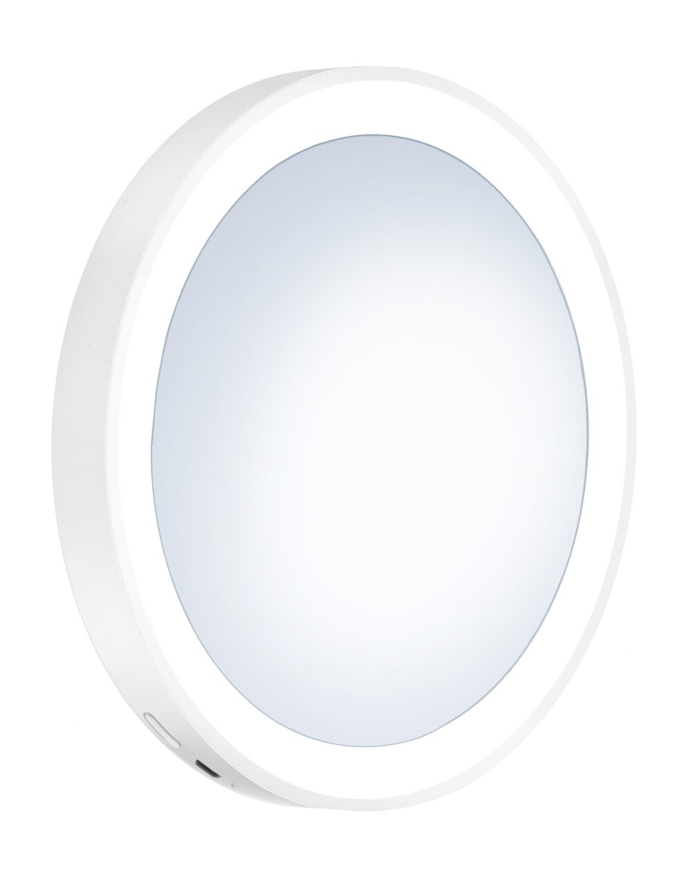 Runder LED-Kosmetikspiegel mit Saugnapf, seitliche Perspektive