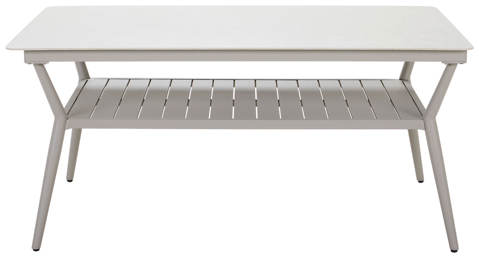 Moderner Gartentisch aus Metall mit zusätzlicher Ablagefläche, frontal betrachtet.