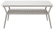 Moderner Gartentisch aus Metall mit zusätzlicher Ablagefläche, frontal betrachtet.
