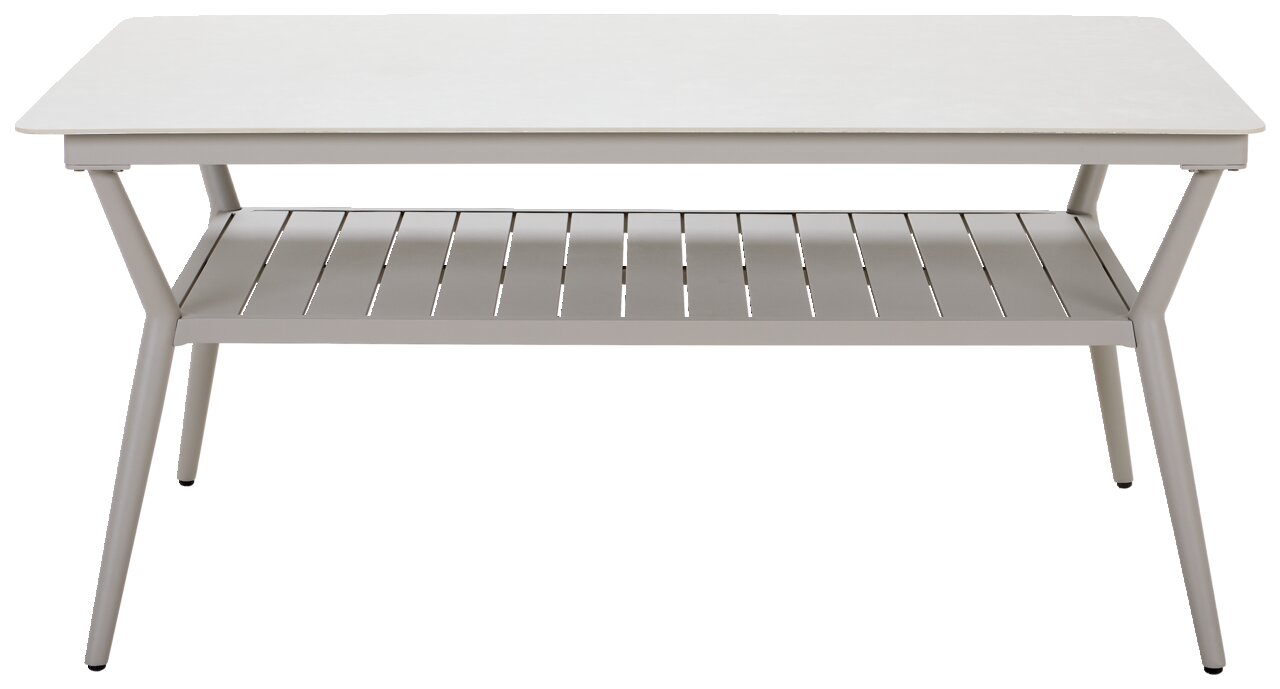 Moderner Gartentisch aus Metall mit zusätzlicher Ablagefläche, frontal betrachtet.