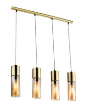 Moderne Hängeleuchte mit vier zylinderförmigen, goldenen Lampenschirmen aus Glas, seitliche Perspektive.