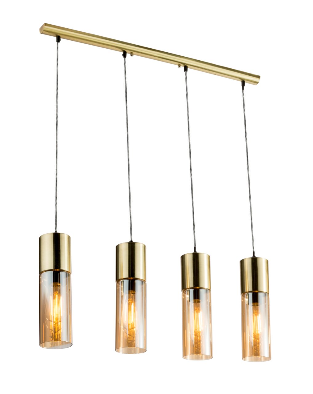 Moderne Hängeleuchte mit vier zylinderförmigen, goldenen Lampenschirmen aus Glas, seitliche Perspektive.