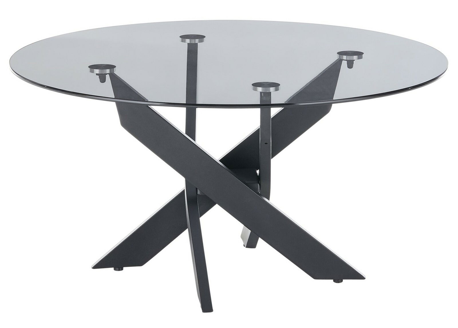 Runder Couchtisch mit Glasplatte und modernem, überkreuztem Metallgestell, seitliche Perspektive