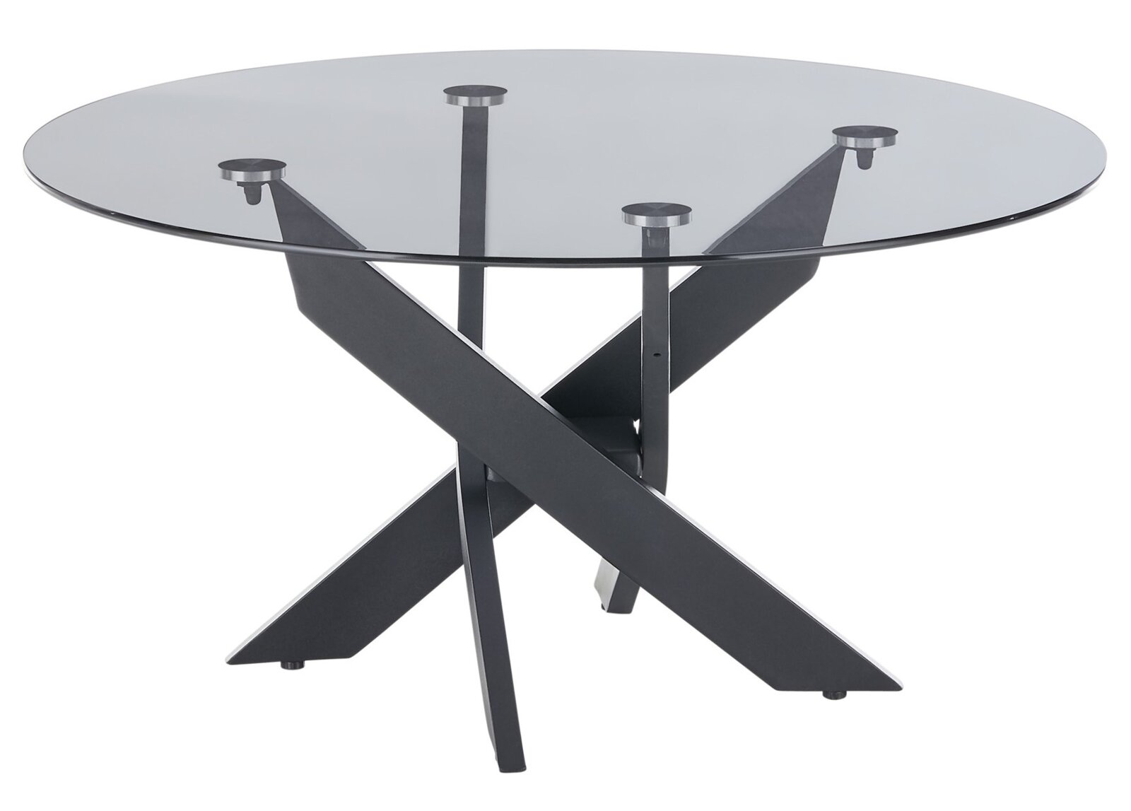 Zurbrüggen Salontafel 2 KOPENHAGEN Runder Couchtisch mit Glasplatte und modernem, überkreuztem Metallgestell, seitliche Perspektive