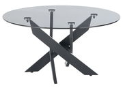 Runder Couchtisch mit Glasplatte und modernem, überkreuztem Metallgestell, seitliche Perspektive