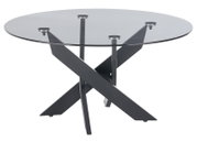 Ronde salontafel met glazen blad en een modern, gekruist metalen onderstel, zijaanzicht