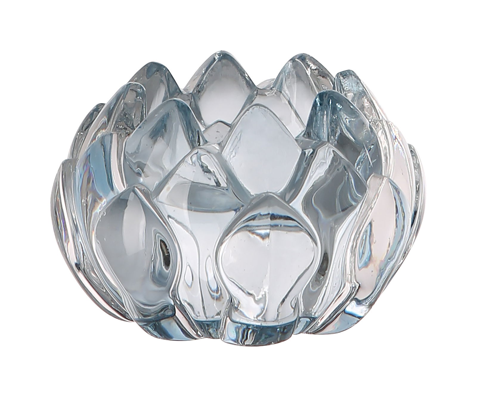 Teelichthalter aus mintfarbenem Glas in Blütenform, Ansicht von oben.