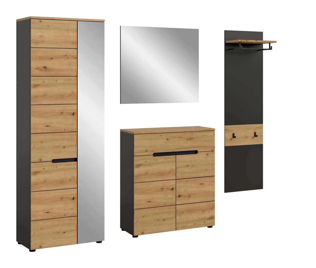 MID.YOU Garderobecombinatie CANU Modernes Garderoben-Set in Eiche-Optik und Anthrazit mit hohem Schrank, Kommode, Wandspiegel und Garderobenpaneel mit Ablage und Haken, gezeigt in frontaler Ansicht auf weißem Hintergrund