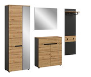 Modernes Garderoben-Set in Eiche-Optik und Anthrazit mit hohem Schrank, Kommode, Wandspiegel und Garderobenpaneel mit Ablage und Haken, gezeigt in frontaler Ansicht auf weißem Hintergrund