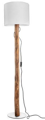 Stehleuchte mit natürlichem Holzstamm und weißem Lampenschirm, seitliche Perspektive