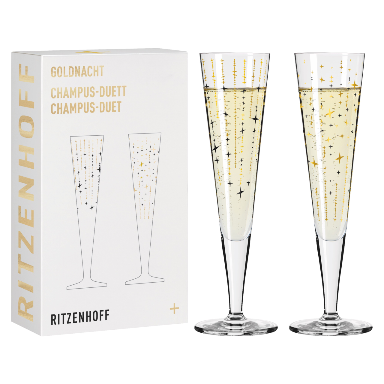 Zwei elegante Champagnergläser mit goldenen und schwarzen Sternmotiven, präsentiert in einer stilvollen Verpackung. Frontalansicht.