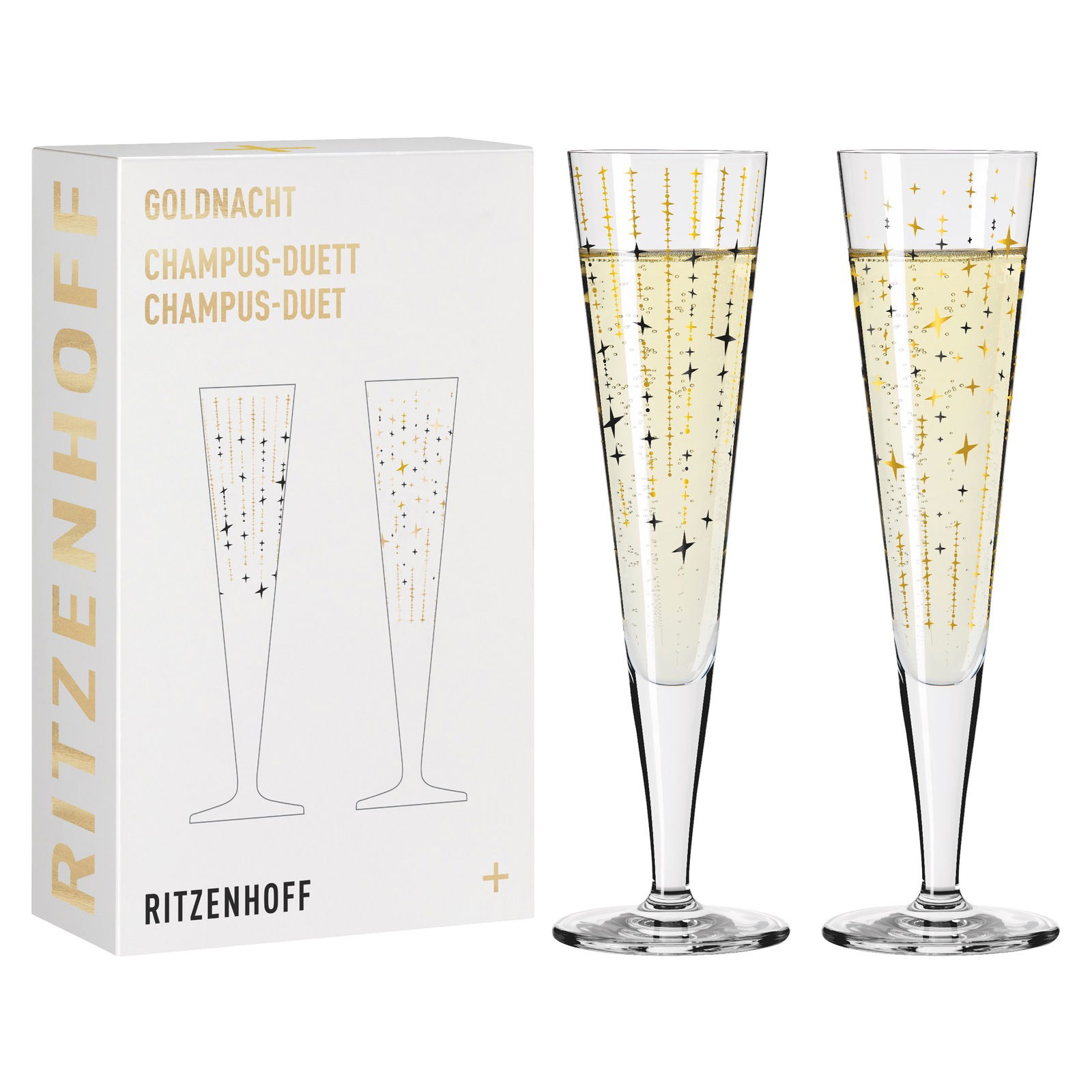 Zwei elegante Champagnergläser mit goldenen und schwarzen Sternmotiven, präsentiert in einer stilvollen Verpackung. Frontalansicht.
