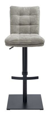 Moderner Barhocker mit grauem, geripptem Polster und schwarzem Metallgestell, Frontalansicht