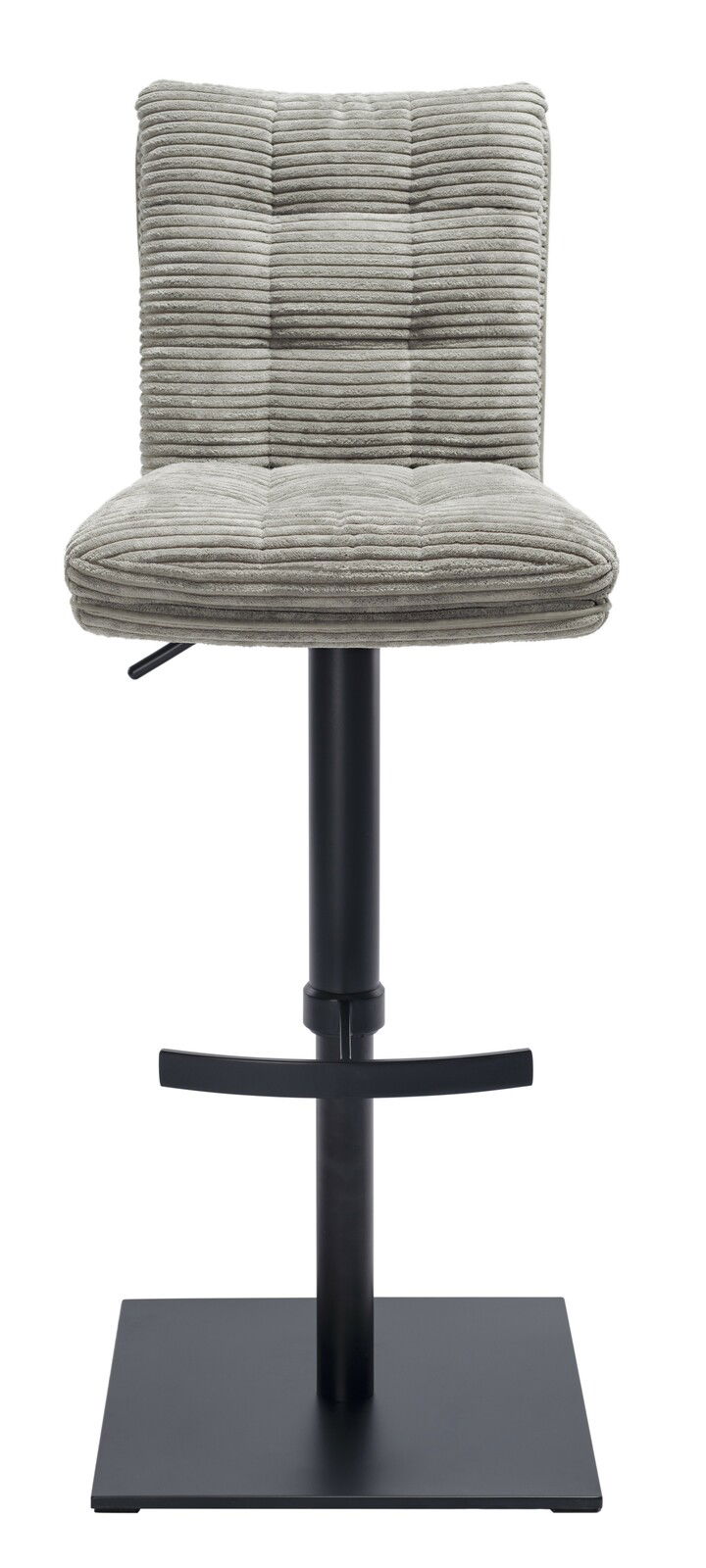 Moderner Barhocker mit grauem, geripptem Polster und schwarzem Metallgestell, Frontalansicht