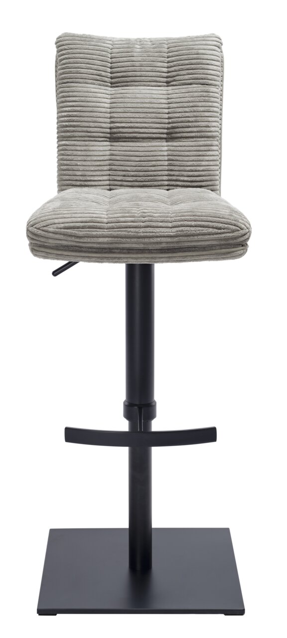 Moderner Barhocker mit grauem, geripptem Polster und schwarzem Metallgestell, Frontalansicht