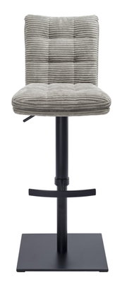 Moderner Barhocker mit grauem, geripptem Polster und schwarzem Metallgestell, Frontalansicht