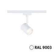 Weißer Schienenspot Limba von PAULMANN, Modell URAIL, in seitlicher Perspektive, RAL 9003.
