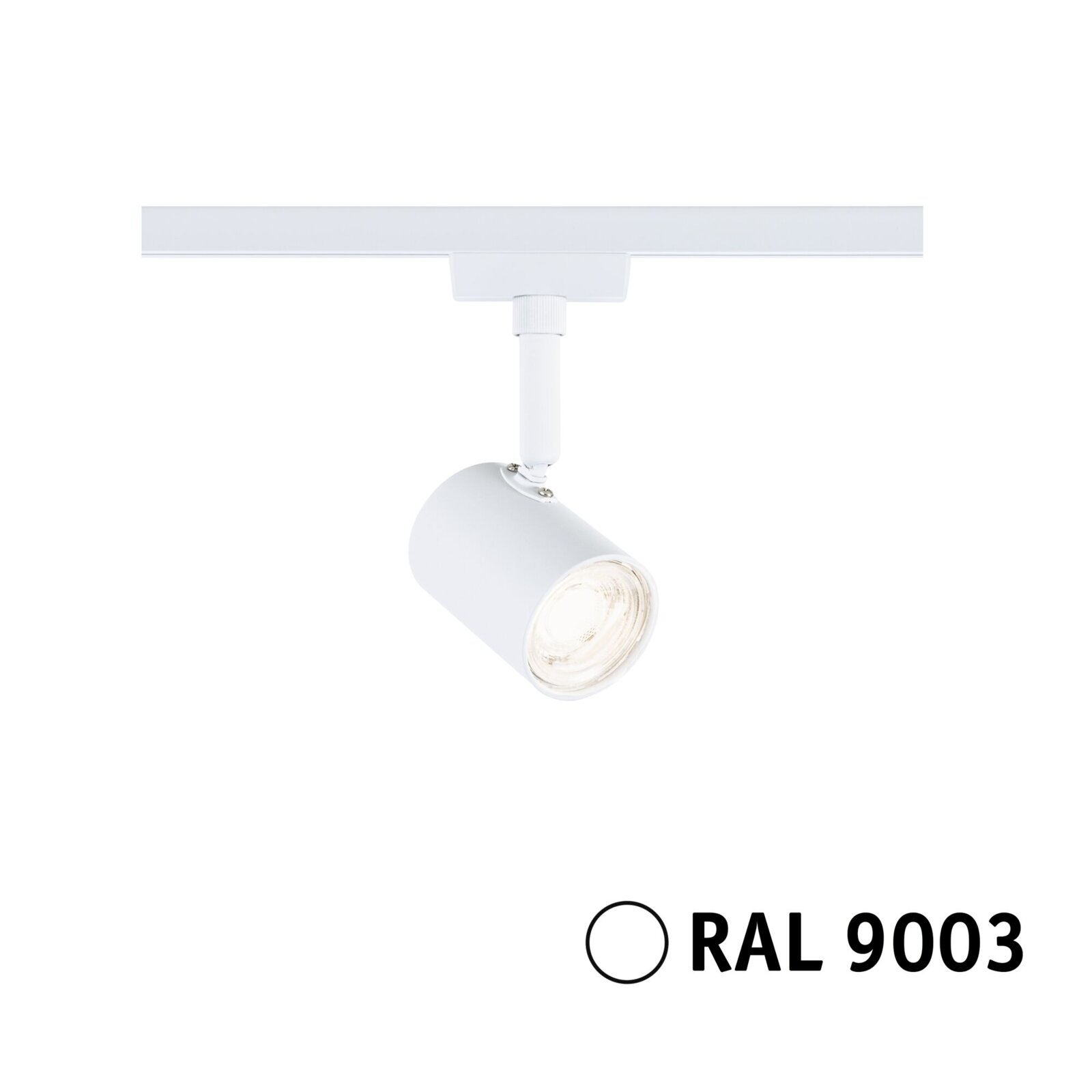 Weißer Schienenspot Limba von PAULMANN, Modell URAIL, in seitlicher Perspektive, RAL 9003.