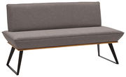 Graue Bank mit schwarzem Metallgestell, seitliche Perspektive